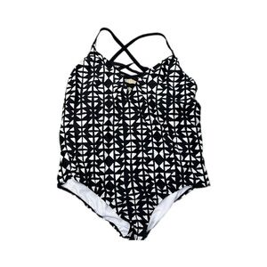 Time & Tru B&W One Piece Swimsuit with geometric crisscross, cut outs on sides